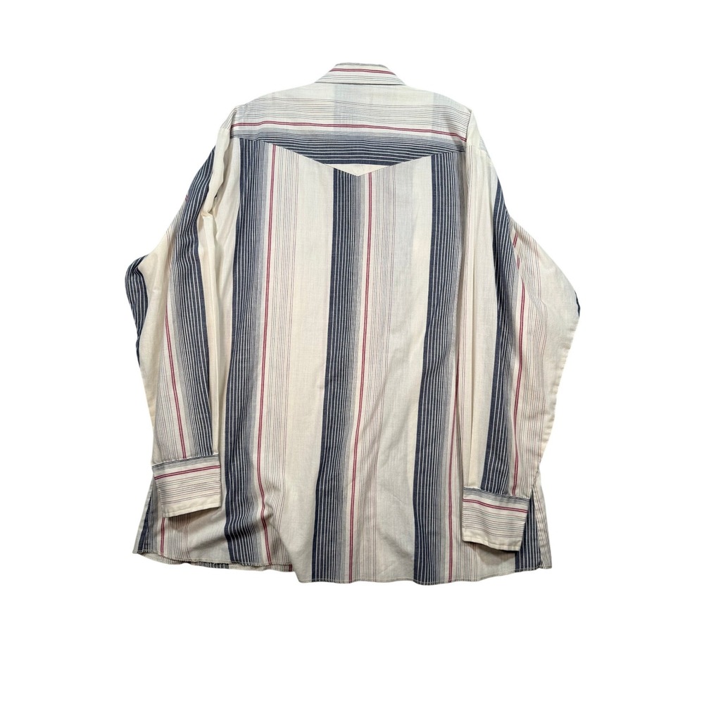 VTG Wrangler Western Pearl Snap Shirt Striped Red Cream Blue 2XL Yoke Americana - Picture 15 of 16